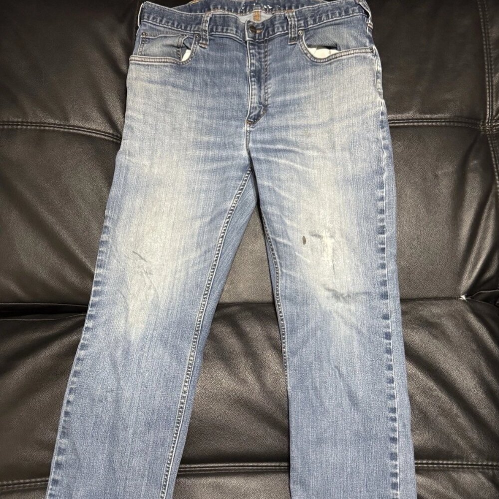 Carhartt Men’s Relaxed Fit Jeans Light Wash Denim Work Pants‎ 36x34 Stained/Torn